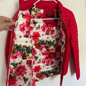 Bold Red Puffer Jacket with floral lining